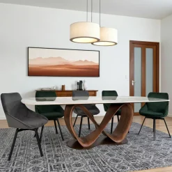 Tables À Manger En Céramique|Tables À Manger En Bois|Table céramique marbrée pied ruban bois brun 220 cm ALDER