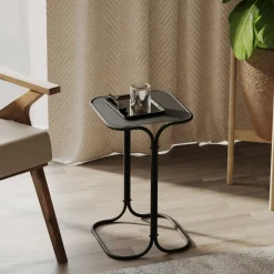 JENA Bouts De Canapé En Métal|Bouts De Canapé En Bois|Table d'appoint noire - plateau en bois clair carré