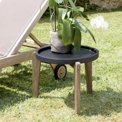 HERCULE Tables D'Appoint De Jardin|Table d'appoint ronde pour jardin béton noir mat et pieds bois