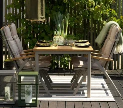 Oslo Tables De Jardin|Meubles En Aluminium Brafab|Table de jardin extensible en aluminium gris sable et teck 152/210 cm