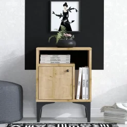 JENA Bouts De Canapé En Métal|Bouts De Canapé En Bois|Table de nuit avec rangement effet chêne - 1 porte 1 niche