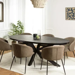 BIHAR Tables À Manger Industrielles|Tables À Manger En Bois|Table de repas ovale bois anthracite lignes dorées 220 cm