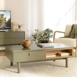 GUILIN Tables Basses À Tiroirs|Table de salon 2 tiroirs bois vert nature