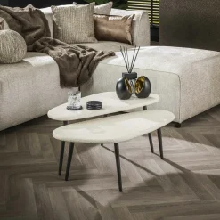 TAJ Tables Basses Design|Tables Basses Gigognes|Table de salon blanche en marbre composite forme ronde (lot de 2)