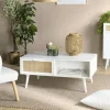 CALVIA Tables Basses Scandinaves|Tables Basses À Tiroirs|Table de salon bois blanc 2 niches 2 tiroirs rotin