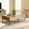 KANHA Tables Basses À Tiroirs|Table de salon bois exotique pieds métal croisés 2 tiroirs motifs losanges