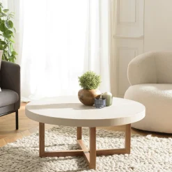 DIKA Tables Basses Carrées|Table de salon carrée béton beige pieds bois croisés