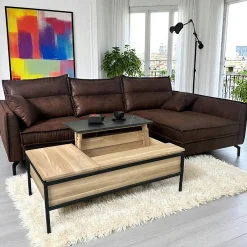 ESSEN Tables Basses Design|Table de salon relevable chêne blanc décor graphique