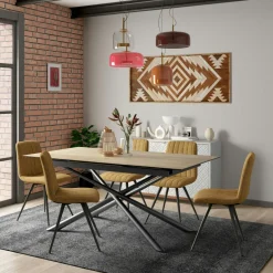 LOMBARDIE Tables À Manger Rectangulaires|Tables À Manger En Céramique|Table en céramique extensible aspect bois pied mikado 180-240 cm