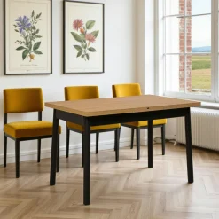 ARDEN Tables À Manger Rectangulaires|Tables À Manger En Bois|Table extensible effet noyer, pieds noirs 120-153 cm