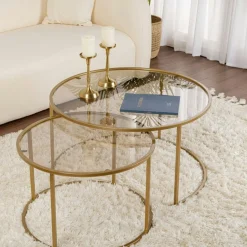 TULUM Sellettes En Métal|Tables D'Appoint Rondes|Table gigogne en verre - cadre noir (lot de 2) ⌀60 cm