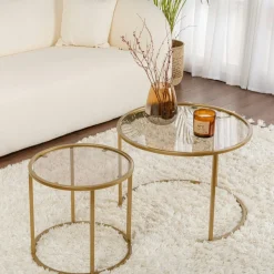 TULUM Sellettes En Métal|Tables D'Appoint Rondes|Table gigogne en verre - cadre noir (lot de 2) ⌀60 cm