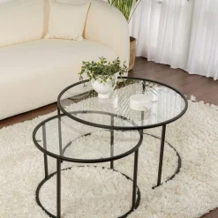 TULUM Sellettes En Métal|Tables D'Appoint Rondes|Table gigogne en verre - cadre noir (lot de 2) ⌀80 cm