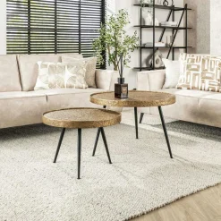 TRIBECA Sellettes En Métal|Tables D'Appoint Rondes|Table gigogne industrielle effet métal doré (lot de 2)