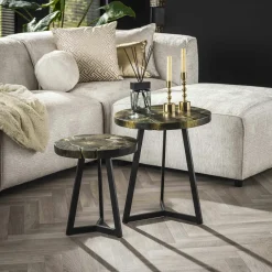 NOVA Tables Basses Rondes|Table gigogne ronde en teck recyclé noir et or (2 pièces)