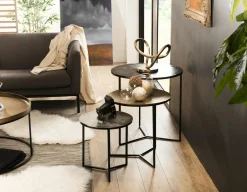 ZALA Bouts De Canapé En Métal|Bouts De Canapé Design|Table gigogne ronde noir or argent (lot de 3)