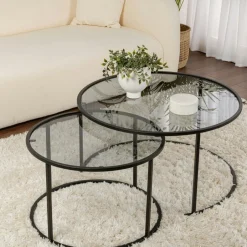 TULUM Sellettes En Métal|Tables D'Appoint Rondes|Table gigogne verre fumé - cadre noir (lot de 2) ⌀80 cm