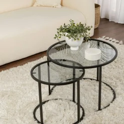 TULUM Sellettes En Métal|Tables D'Appoint Rondes|Table gigogne verre fumé - cadre noir (lot de 2) ⌀60 cm