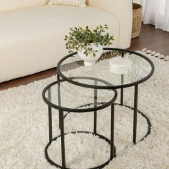 TULUM Sellettes En Métal|Tables D'Appoint Rondes|Table gigogne verre fumé - cadre noir (lot de 2) ⌀60 cm