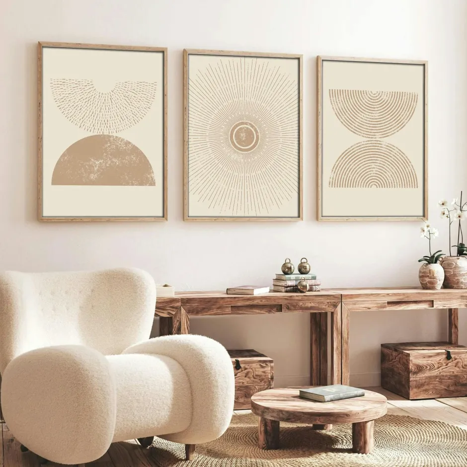 Tableaux / Toiles|Tableau abstrait – style Bauhaus, cadre bois (lot de 3)