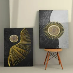 Tableaux / Toiles|Tableau abstrait soleil or – fond noir et argent (set de 2)