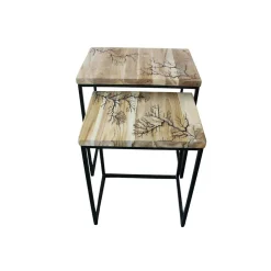 Sellettes En Métal|Tables Basses Gigognes|Tables basses gigognes x2 plateau teck arboré