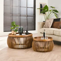 DELHI Univers Déco·Globe-Trotter|Tables Basses Gigognes|Tables basses rondes avec baguettes bois (lot de 2)