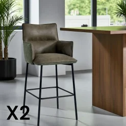 KERALA Chaises De Bar Industrielles|Tabouret bar bi-matière marron avec dossier (lot de 2)