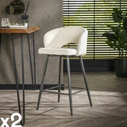 GALWAY Univers Déco·Design Contemporain|Chaises Bouclettes|Tabouret de bar en tissu bouclette gris avec dossier ouvert (lot de 2)