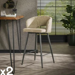 GALWAY Univers Déco·Design Contemporain|Chaises Bouclettes|Tabouret de bar en tissu bouclette sable avec dossier ouvert (lot de 2)