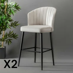 ROSARIO Tabourets De Bar En Velours|Tabouret de bar en velours écru 65 cm (lot de 2)