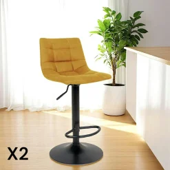 SAVONE Tabourets De Bar En Velours|Tabouret de bar réglable en hauteur et pivotant, velours moutarde (lot de 2)