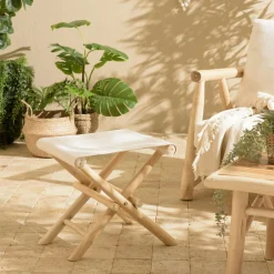 MANAK Meubles De Salle À Manger·Tabourets|Tabouret pliant rondins de teck naturel et tissu blanc