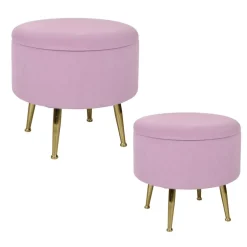 TIM Meubles De Salon·Poufs|Tabouret pouf rond tissu vert pieds dorés (lot de 2)