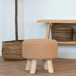 Arizona Meubles De Salon·Poufs|Meubles De Salle À Manger·Tabourets|Tabouret rond en bois de teck brun en fausse fourrure - 4 pieds