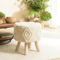 TIM Meubles De Salon·Poufs|Meubles De Salle À Manger·Tabourets|Tabouret rond laine ivoire avec losanges