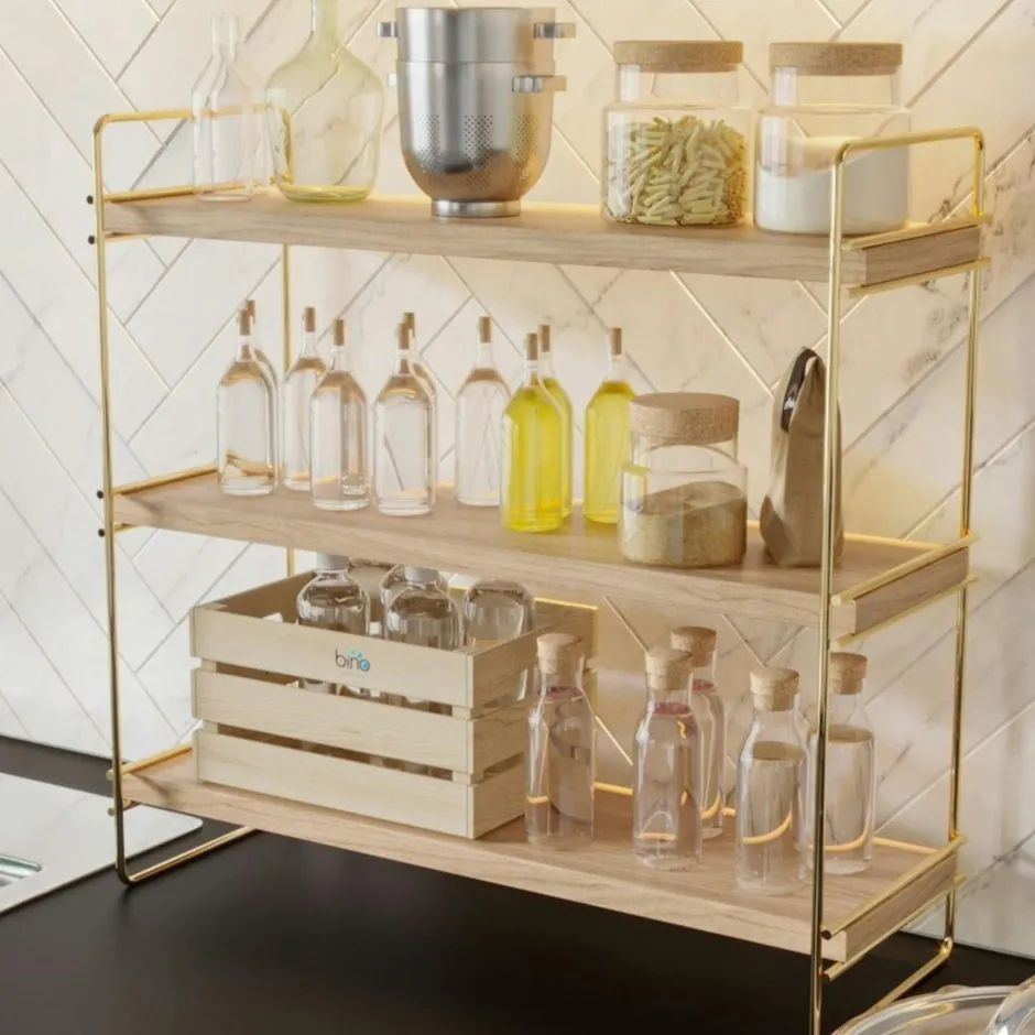AVIALA Meubles De Salon·Etagères Murales|Meubles De Rangement·Etagères Murales|Étagère cuisine 3 niveaux - bois clair, supports dorés