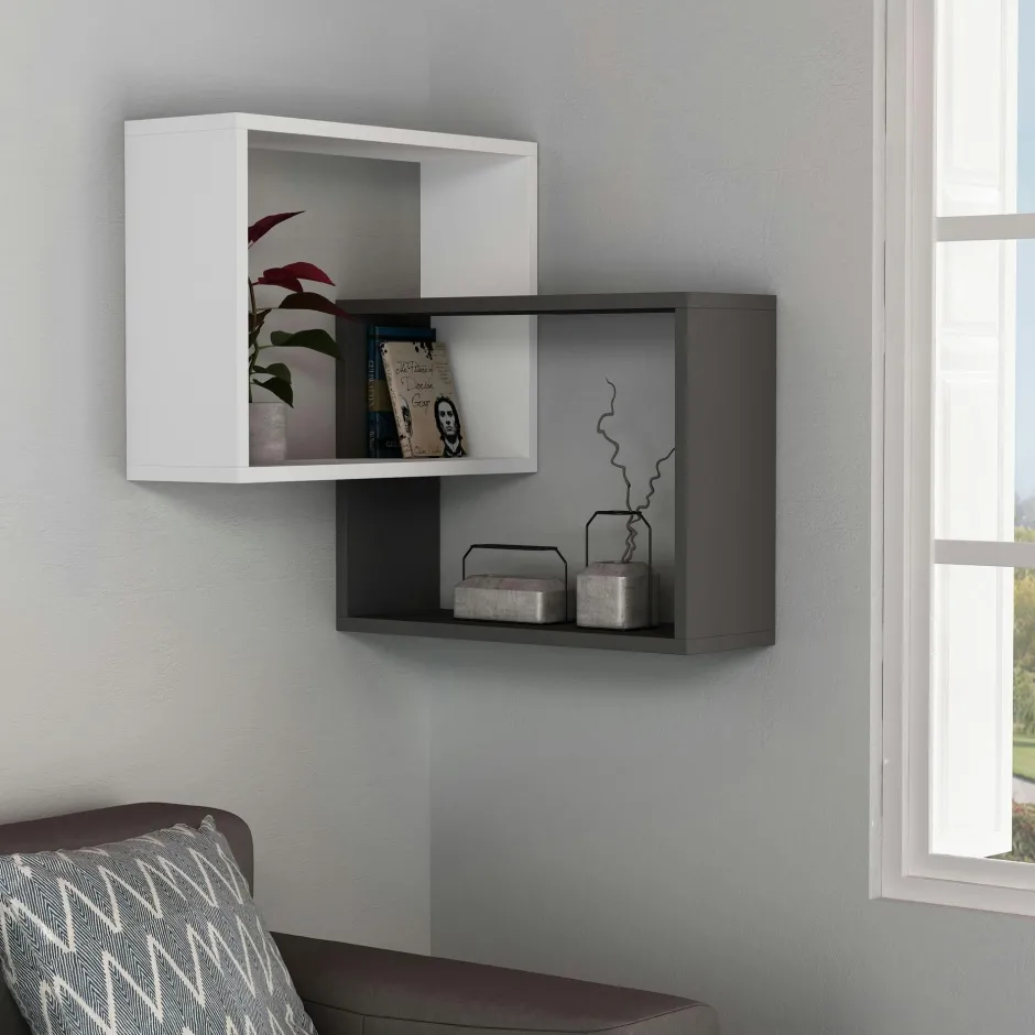 MARFA Meubles De Salon·Etagères Murales|Meubles De Rangement·Etagères Murales|Étagère d'angle blanc & gris - 2 cubes imbriqués