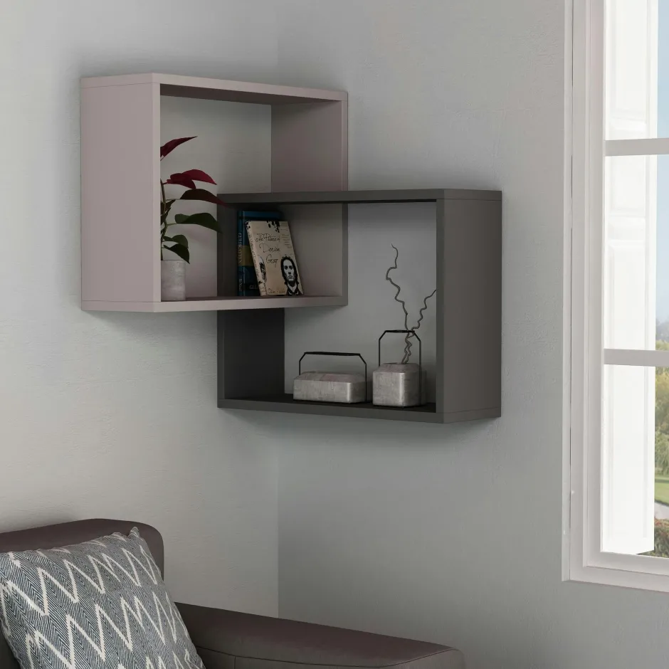 MARFA Meubles De Salon·Etagères Murales|Meubles De Rangement·Etagères Murales|Étagère d'angle blanc & gris - 2 cubes imbriqués