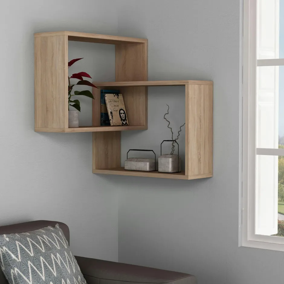 MARFA Meubles De Salon·Etagères Murales|Meubles De Rangement·Etagères Murales|Étagère d'angle design effet bois - 2 cubes imbriqués