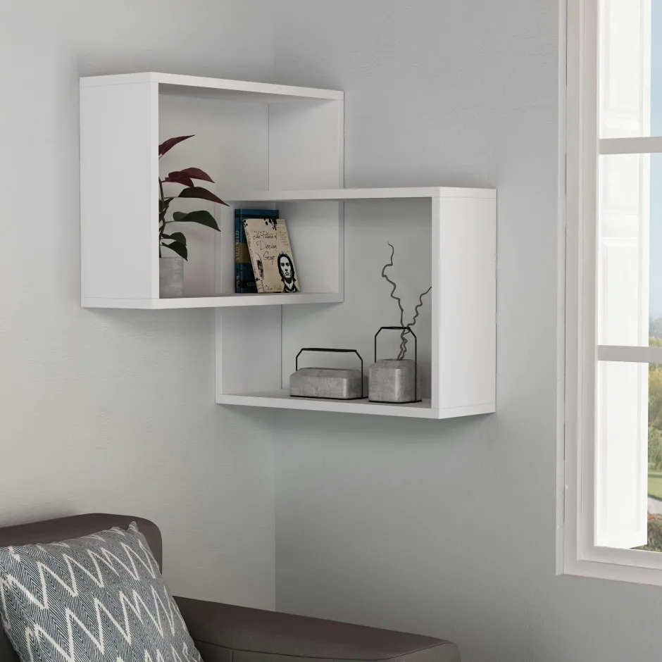 MARFA Meubles De Salon·Etagères Murales|Meubles De Rangement·Etagères Murales|Étagère d'angle design moka & gris - 2 cubes imbriqués