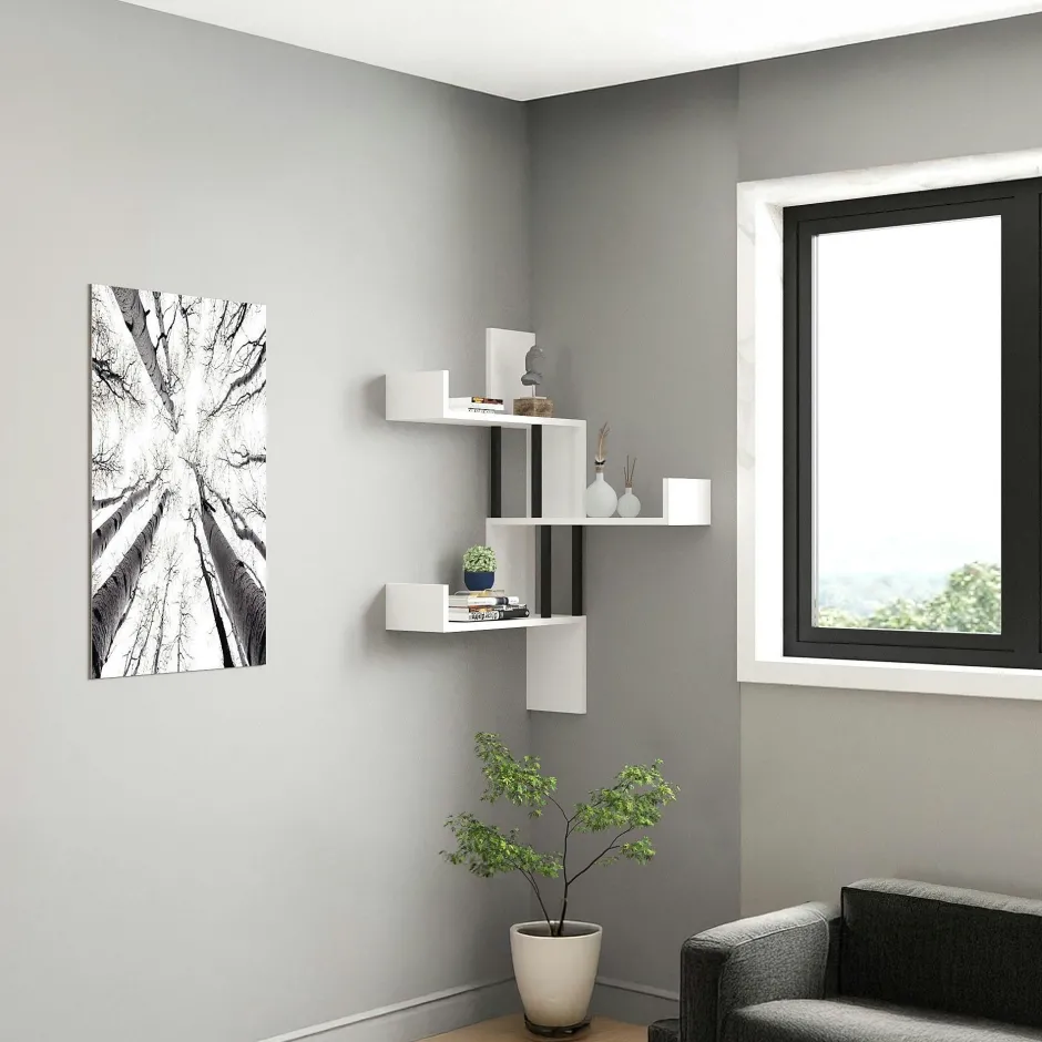 JENA Meubles De Salon·Etagères Murales|Meubles De Rangement·Etagères Murales|Étagère murale d’angle blanche - design, 3 plateaux