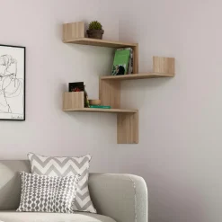 MARFA Meubles De Salon·Etagères Murales|Meubles De Rangement·Etagères Murales|Étagère murale d’angle effet bois clair - 3 tablettes