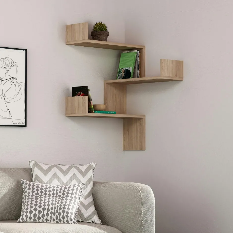 MARFA Meubles De Salon·Etagères Murales|Meubles De Rangement·Etagères Murales|Étagère murale d’angle effet bois clair - 3 tablettes