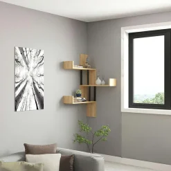 JENA Meubles De Salon·Etagères Murales|Meubles De Rangement·Etagères Murales|Étagère murale d’angle effet bois clair - 3 plateaux