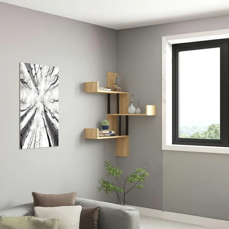 JENA Meubles De Salon·Etagères Murales|Meubles De Rangement·Etagères Murales|Étagère murale d’angle effet bois clair - 3 plateaux