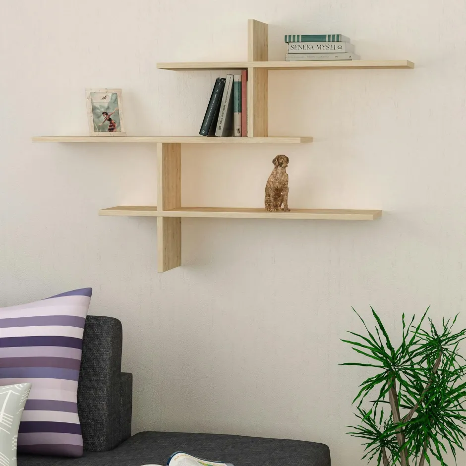 MARFA Meubles De Salon·Etagères Murales|Meubles De Rangement·Etagères Murales|Étagère murale design effet bois clair - 3 plateaux croisés