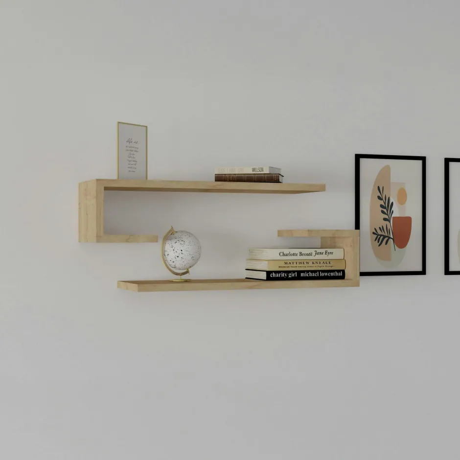 MARFA Meubles De Salon·Etagères Murales|Meubles De Rangement·Etagères Murales|Étagère murale effet bois clair avec retour (lot de 2)