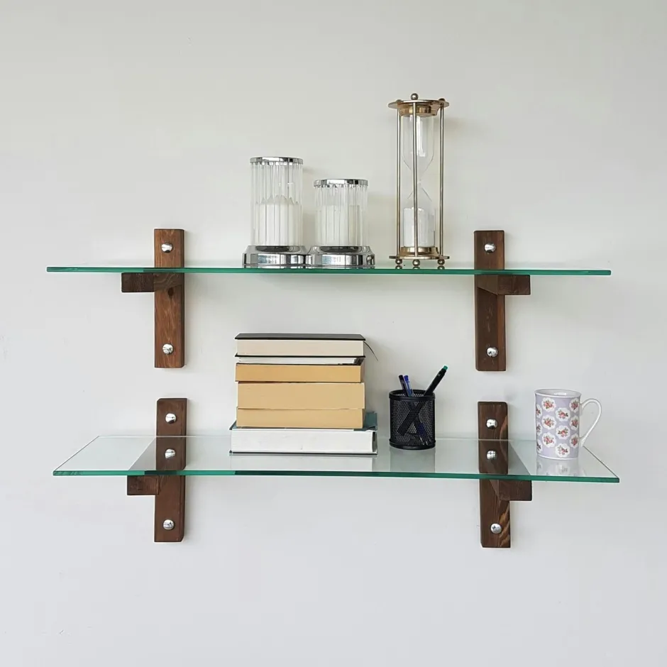 LHASA Meubles De Salon·Etagères Murales|Meubles De Rangement·Etagères Murales|Étagère murale en verre - supports bois foncé (lot de 2)