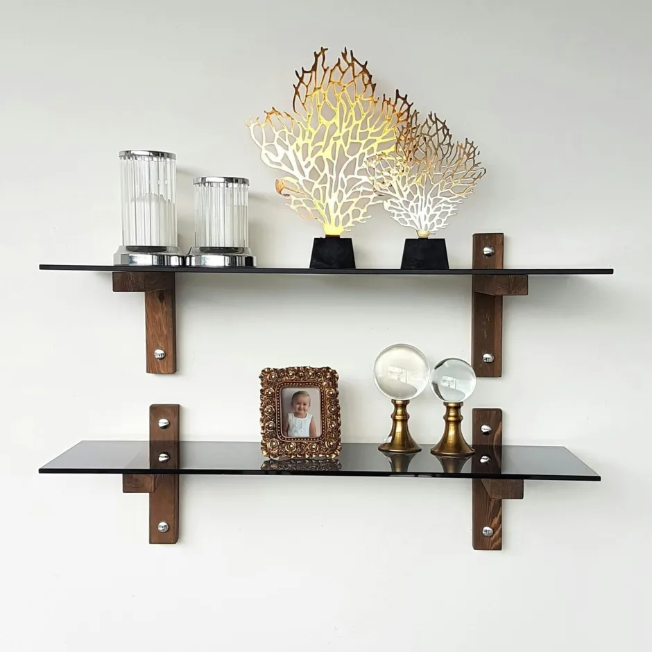 LHASA Meubles De Salon·Etagères Murales|Meubles De Rangement·Etagères Murales|Étagère murale en verre fumé - supports bois foncé (lot de 2)